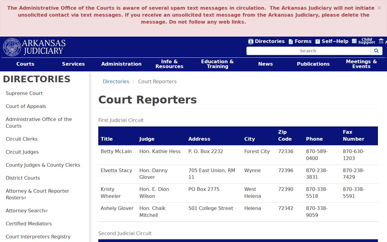 Court reporter directory for an Ouachita County court calendar hearing