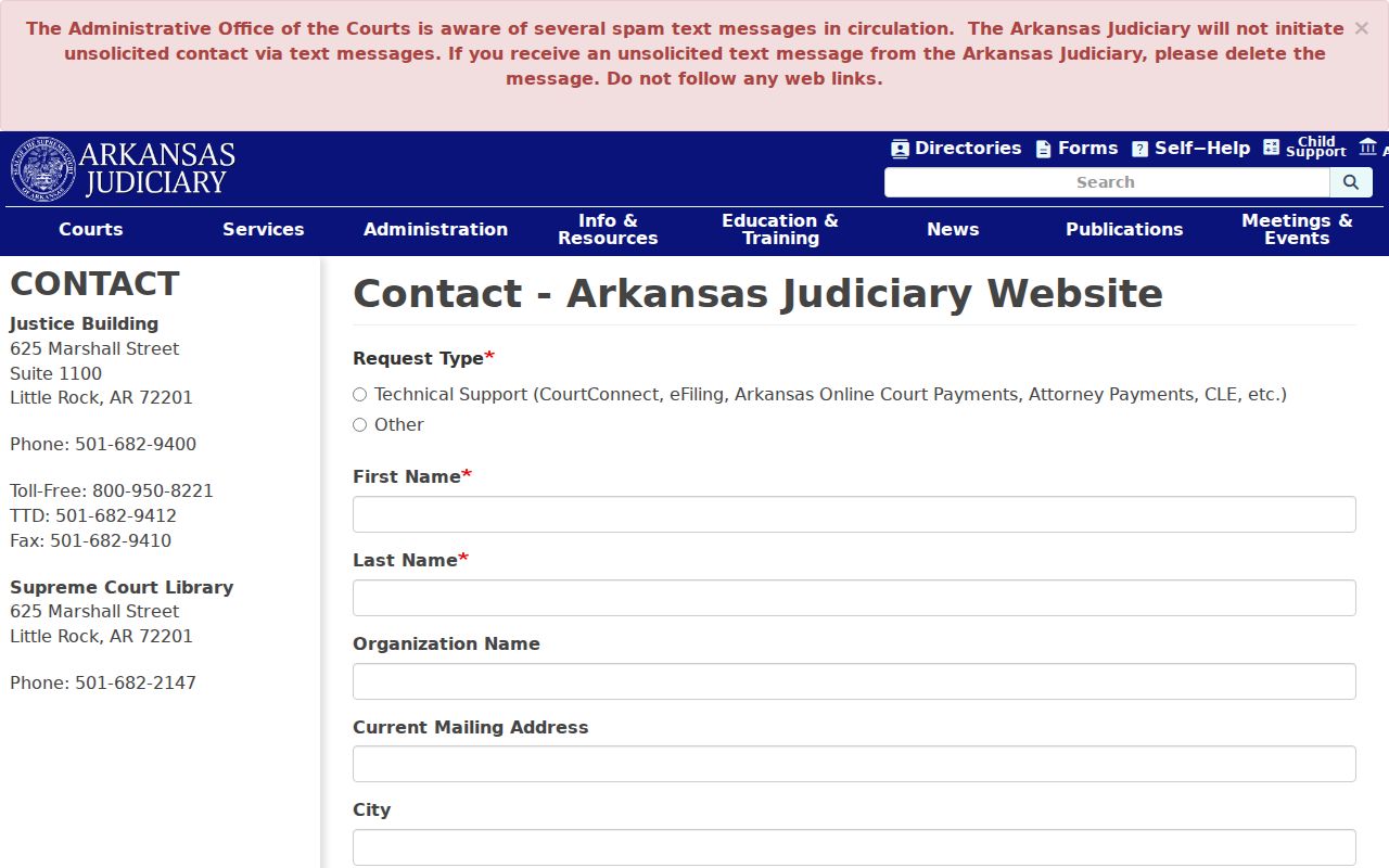 AOC support form for technical help with an Ouachita County docket search
